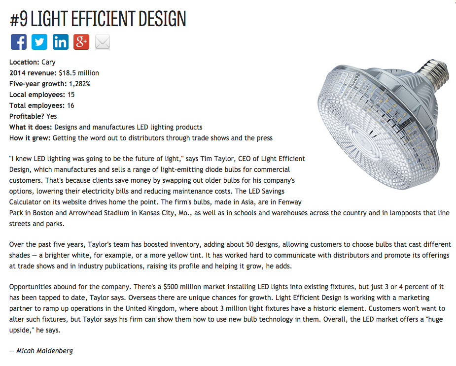 Light Efficient Design Named to Crain’s 2015 Fast Fifty List
