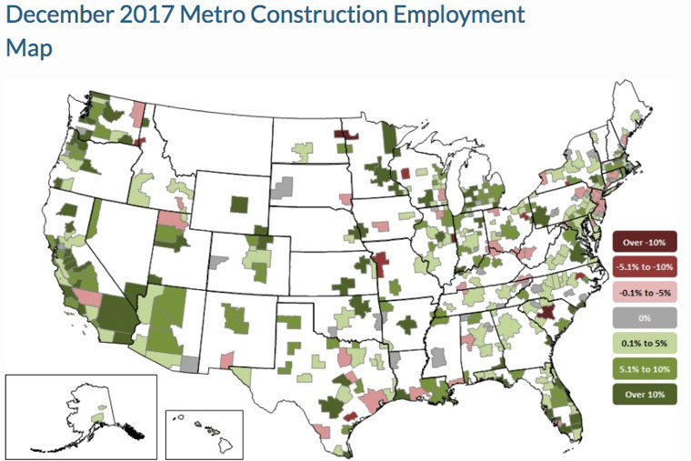 Construction Employment Increases in 269 Metro Areas in Past Year