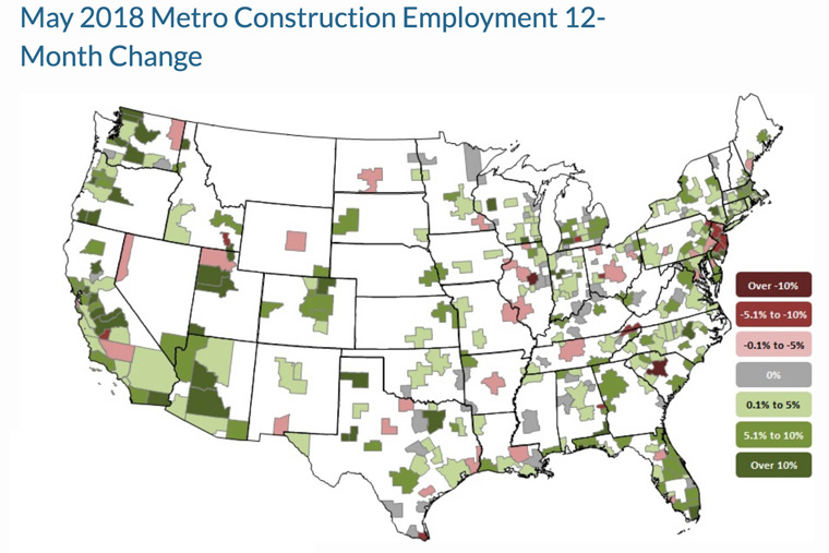 Construction Employment Increases in 263 Metro Areas