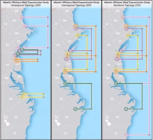 Three transmission designs show the difference between intraregional systems with several land connections and interregional and backbone designs. These three were investigated by the National Renewable Energy Lab in the Atlantic Offshore Wind Transmission Study. Illustrations by Billy Roberts, NREL